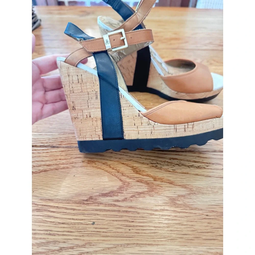 Sam Edelman Womens Tan Black Cork Wedge Platform Sandals Size 8 Lug Sole